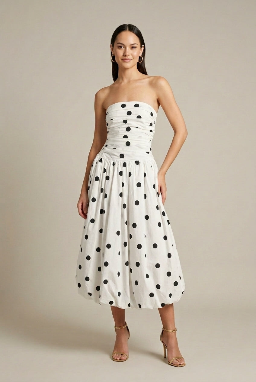 Women's Polka Dot Strapless Ruched Bubble Hem Midi Dress