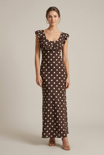 Women's Polka Dot Ruffle Trim Scoop Neck Maxi Dress