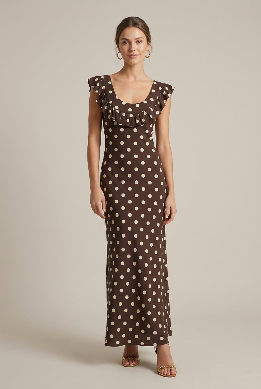 Women's Polka Dot Ruffle Trim Scoop Neck Maxi Dress
