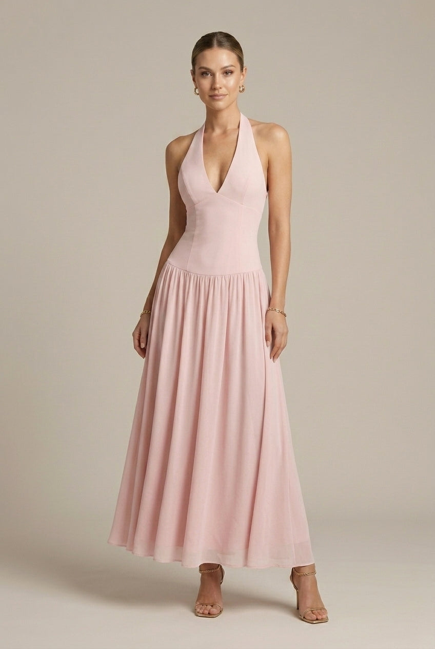 Women's Halter Neck Maxi Dress with Plunge V-Neck and Tie Back