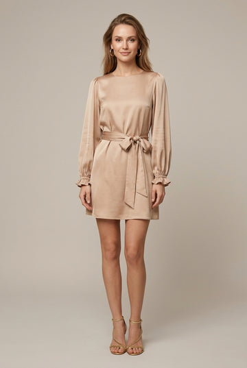 Women's Satin Mini Dress Tie Belt Long Sleeve