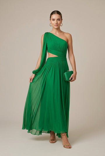 Women's One Shoulder Pleated Maxi Dress with Cutout Waist