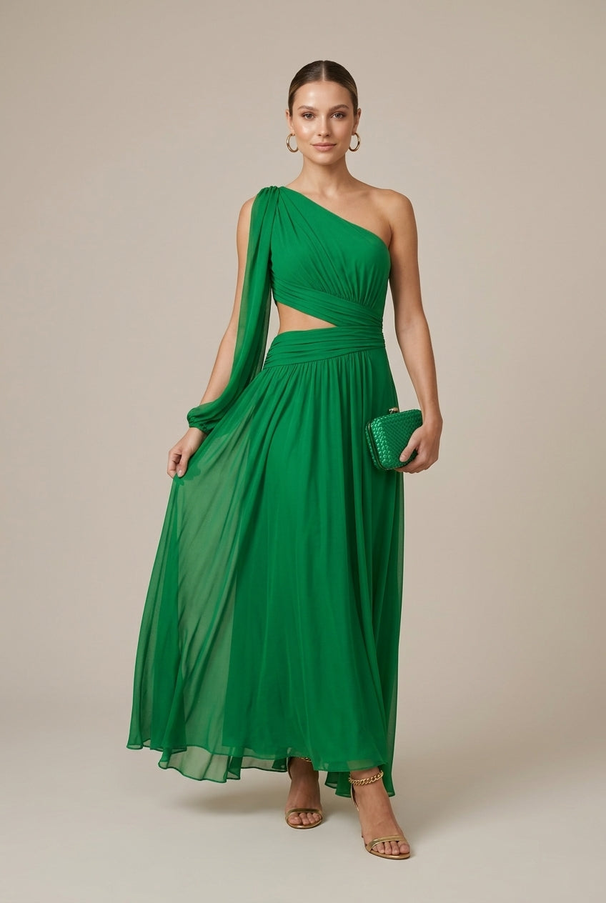 Women's One Shoulder Pleated Maxi Dress with Cutout Waist