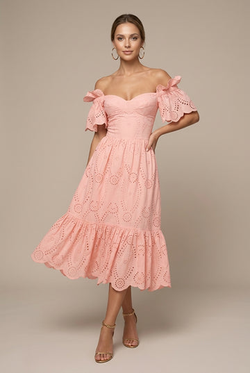 Women's Eyelet Off Shoulder Midi Dress - Ruffle Sleeve - Wedding Guest