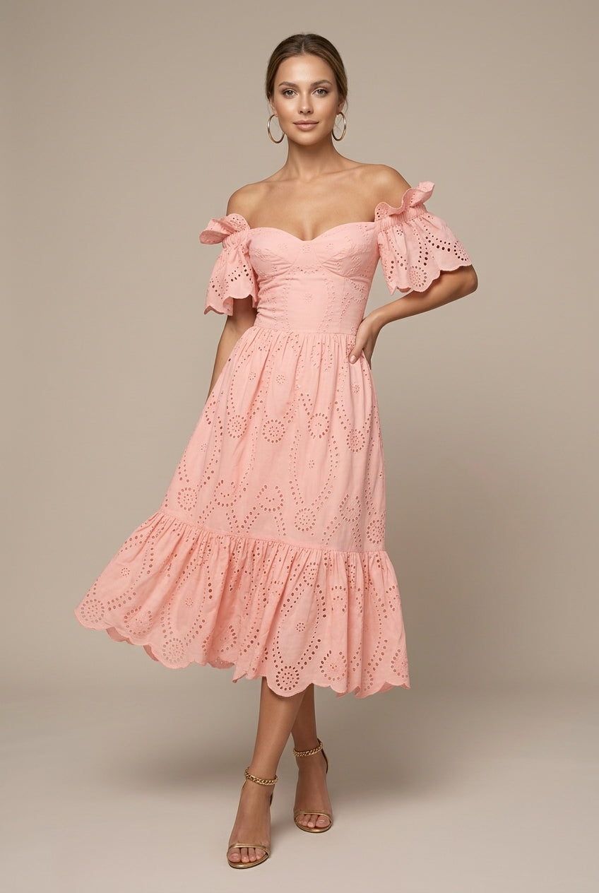 Women's Eyelet Off Shoulder Midi Dress - Ruffle Sleeve - Wedding Guest