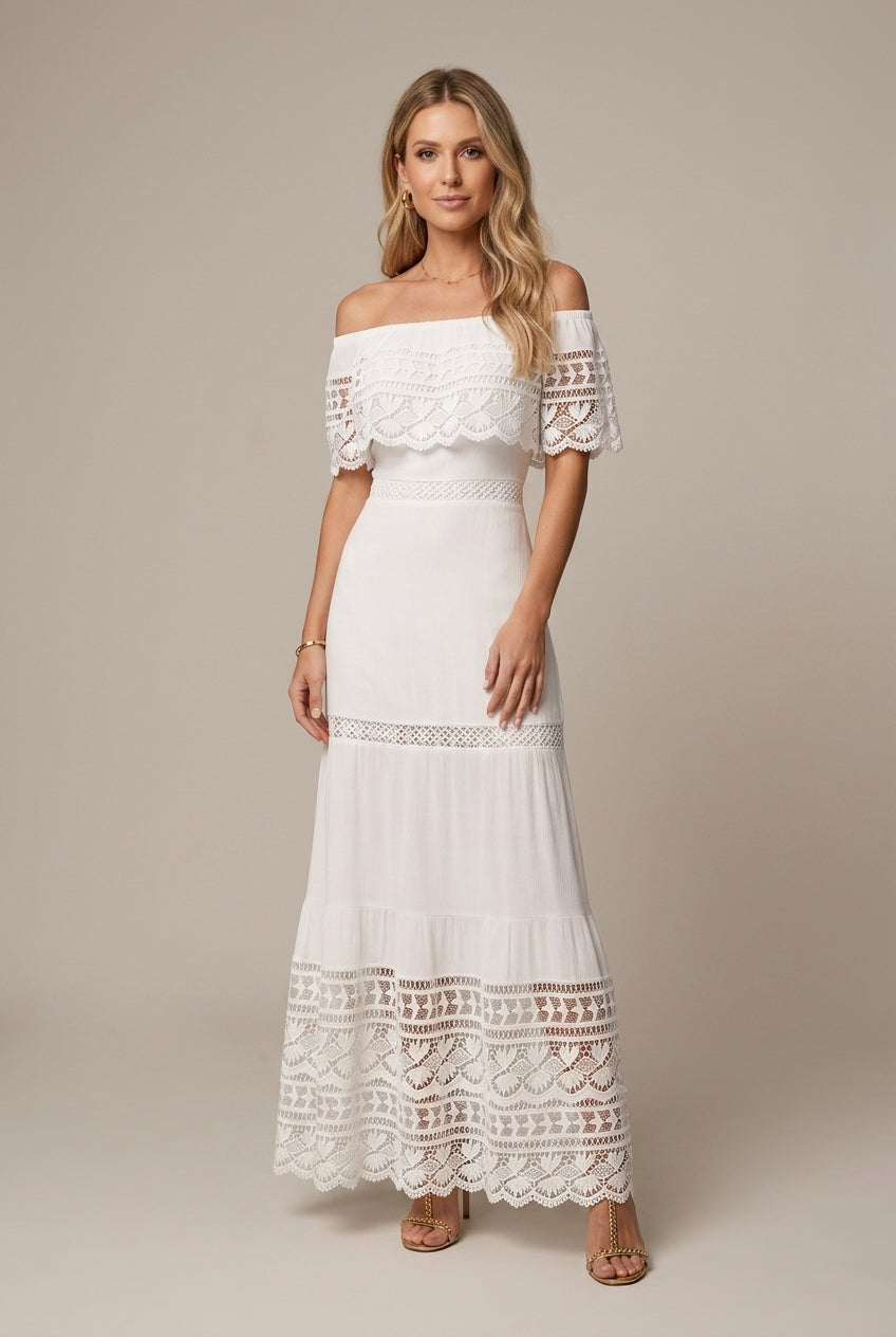 Women's Off The Shoulder Wedding Lace Dress - Cutout Detail - Solid