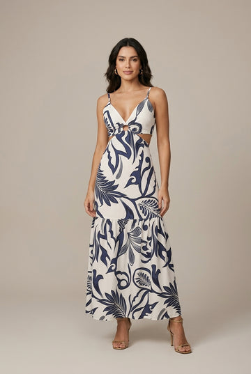 Women's Floral Print Waist Tie Cutout Maxi Dress