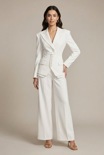 Women's Notched Lapel Blazer Wide Leg Pant Suits Set - Side Button