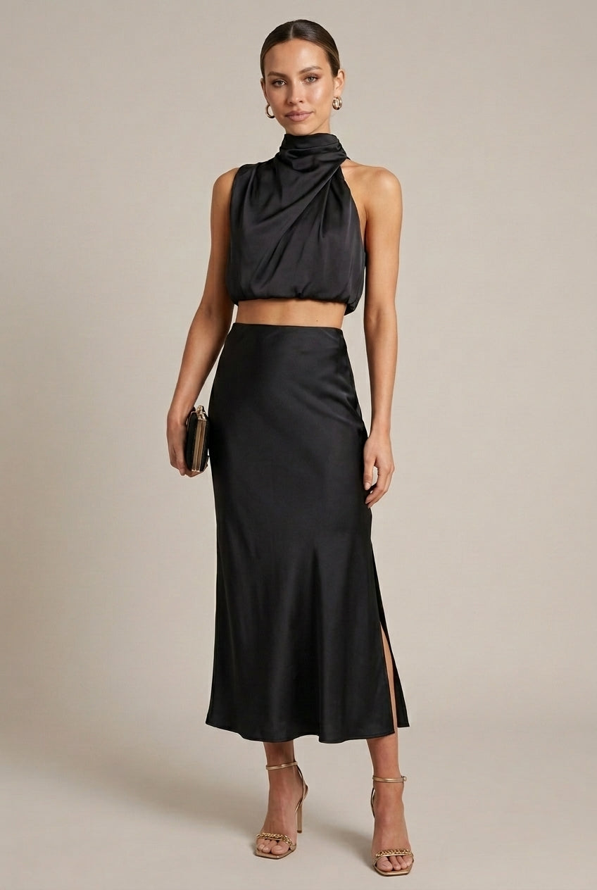 Women's Satin Two-Piece Set Halter Neck Crop Top Maxi