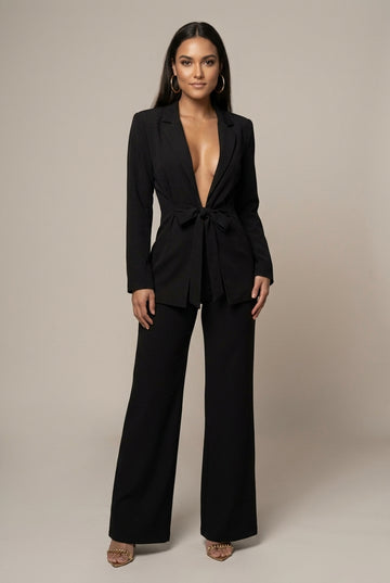 Women's Two-Piece Set Deep V Blazer Wide Leg Pants Tie Waist