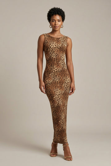 Women's Leopard Print Sleeveless Open Back Bodycon Maxi Dress