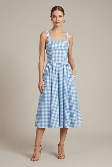 Women's Plaid Gingham Square Neck Button Front Midi Dress