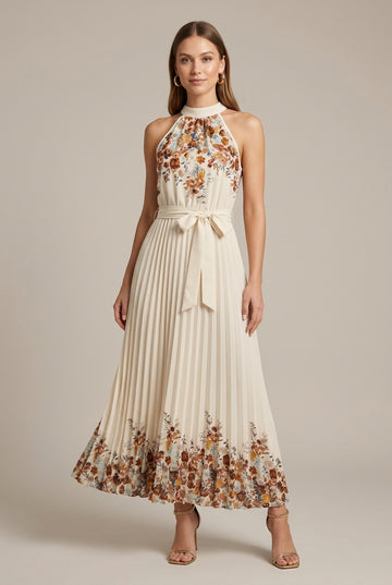 Women's Floral Print Pleated Maxi Dress - Sleeveless Tie Waist