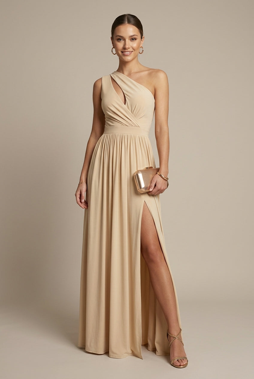 Women's One Shoulder Cutout Maxi Dress with High Slit
