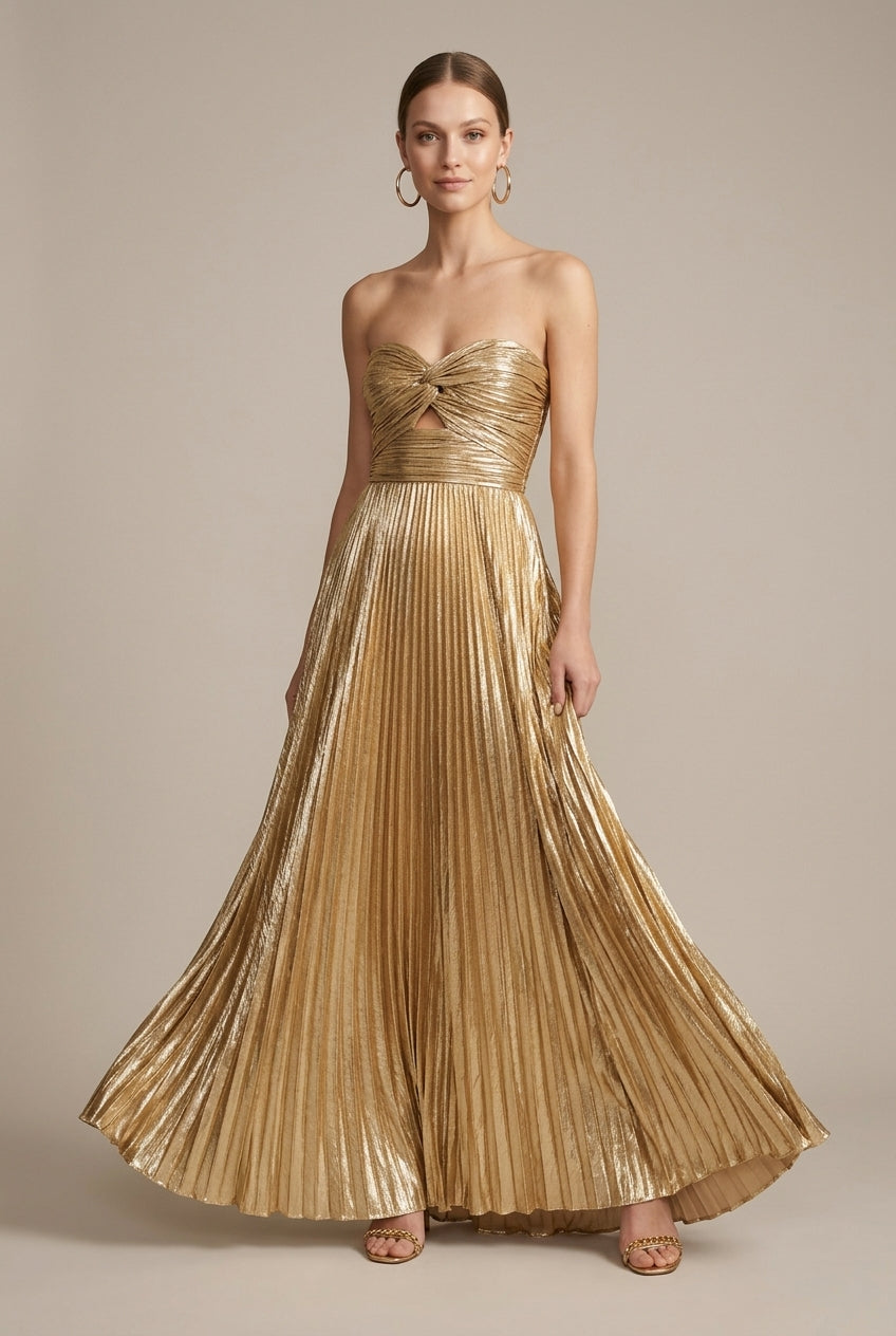 Women's Metallic Pleated Strapless Maxi Dress - Twist Detail
