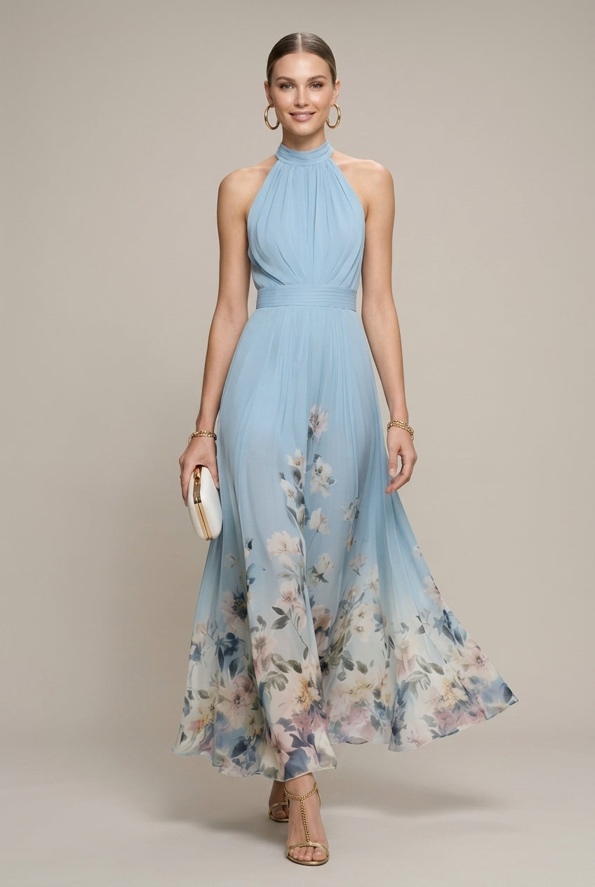 Women's Chiffon Halter Neck Floral Border Print A-Line Maxi Dress