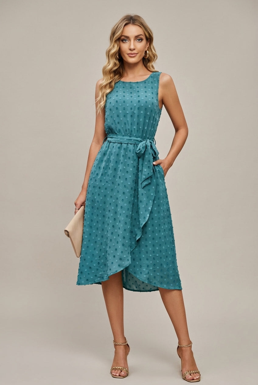 Women's Polka Dot Midi Dress Sleeveless Belted