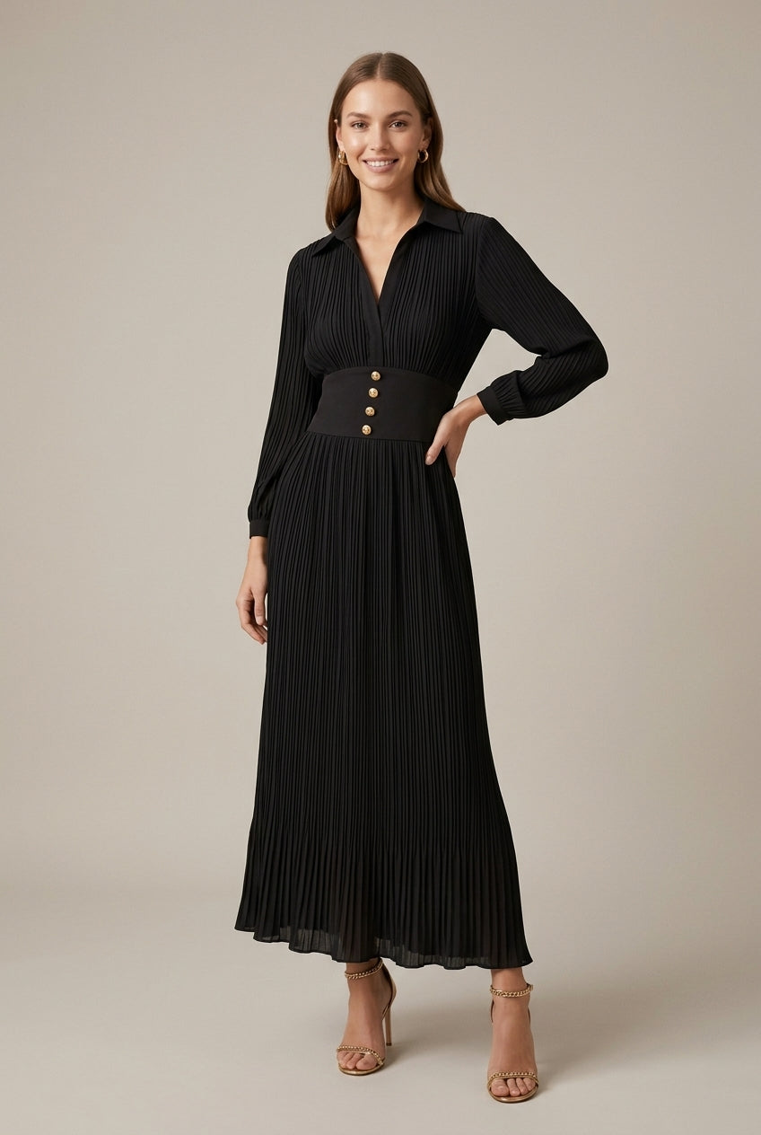Women's Pleated V-Neck 3/4 Sleeve Maxi Dress with Button Detail