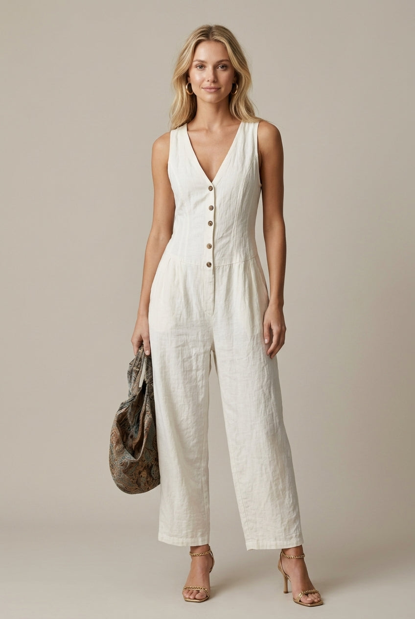 Women's Sleeveless V-Neck Button Front Wide Leg Jumpsuit