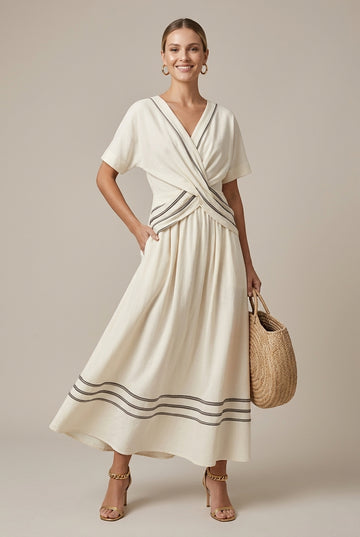 Women's Striped Maxi Dress Wrap Short Sleeve V-Neck