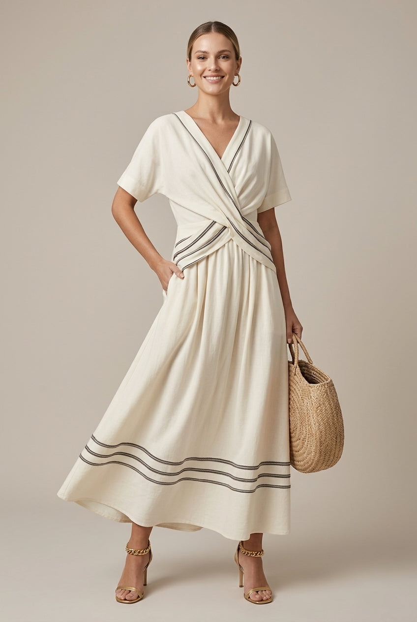 Women's Striped Maxi Dress Wrap Short Sleeve V-Neck