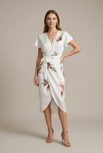 Women's Botanical Wrap Midi Dress V-Neck Tie Waist
