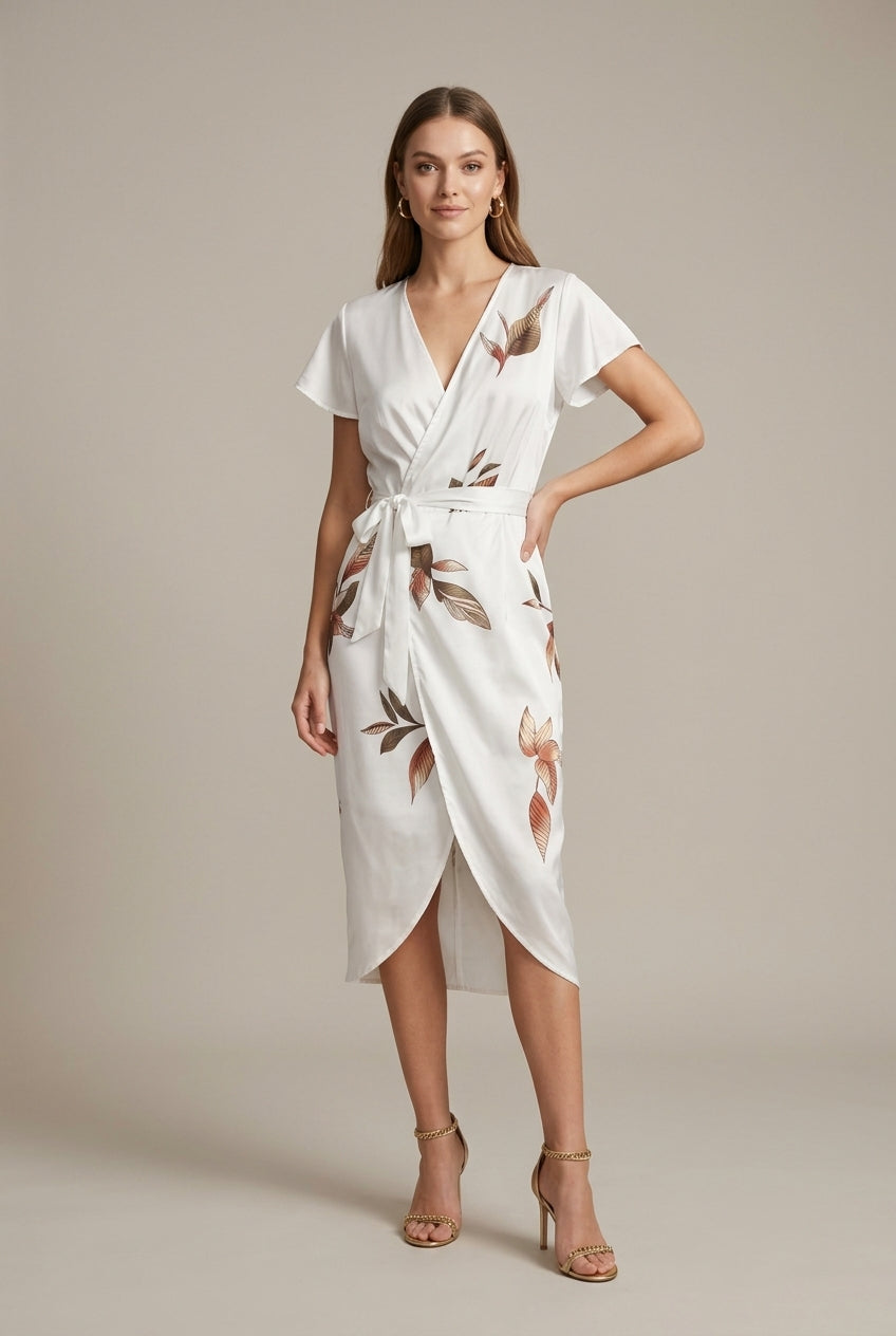 Women's Botanical Wrap Midi Dress V-Neck Tie Waist