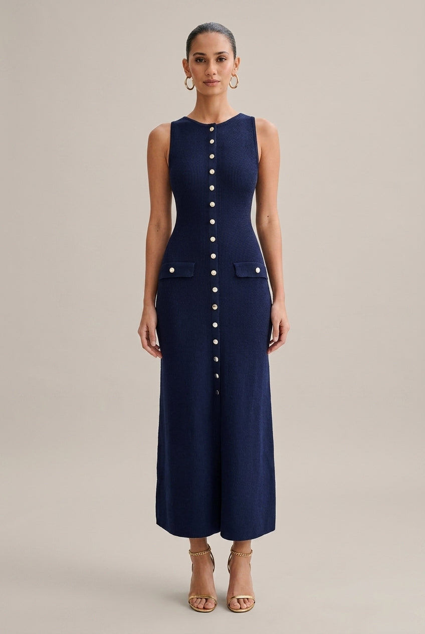 Women's Knit Maxi Dress Sleeveless Front Button Detail