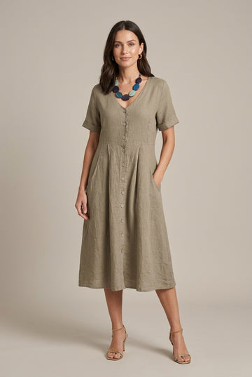 Women's V-Neck Short Sleeve Midi Dress with Button Front