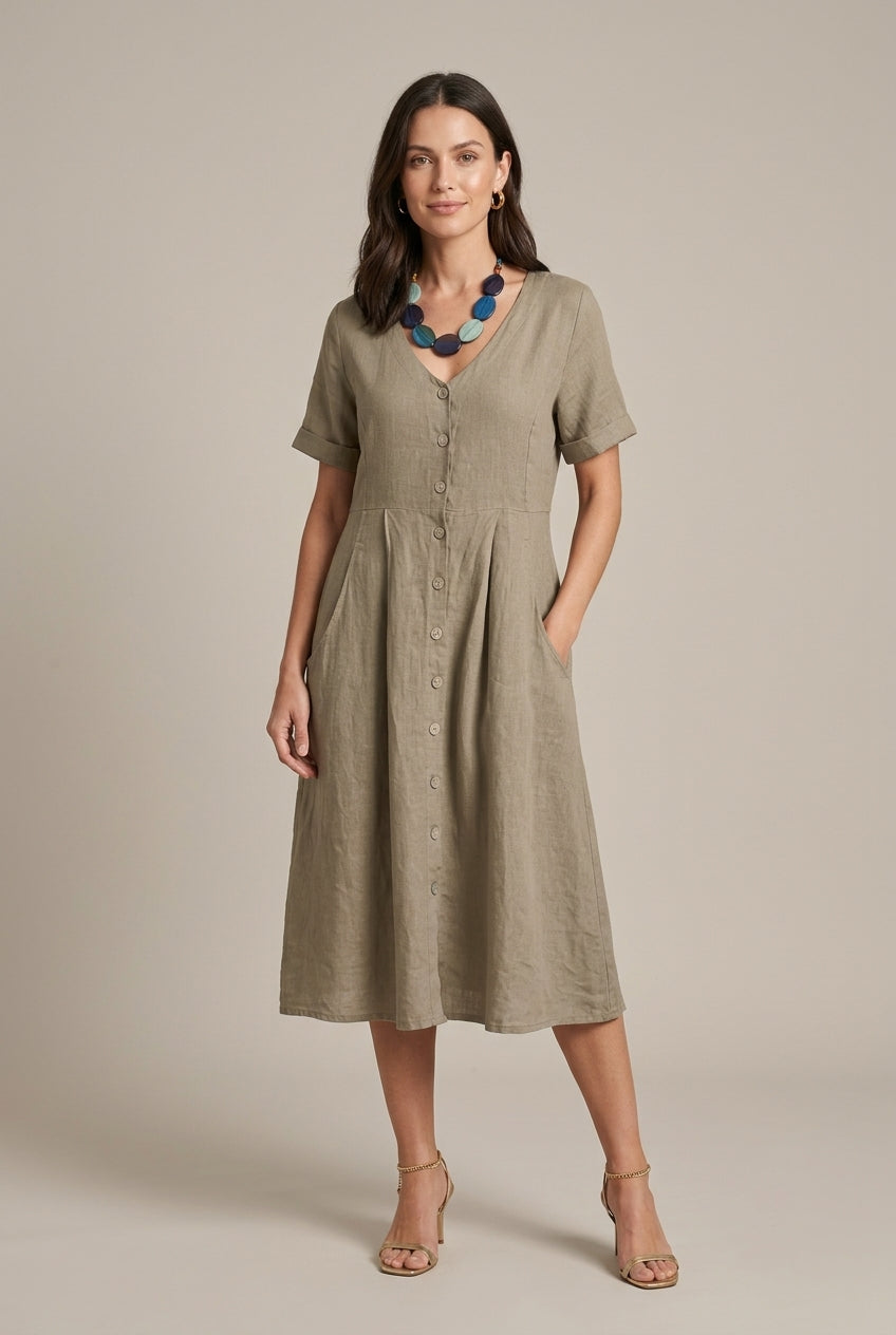 Women's V-Neck Short Sleeve Midi Dress with Button Front