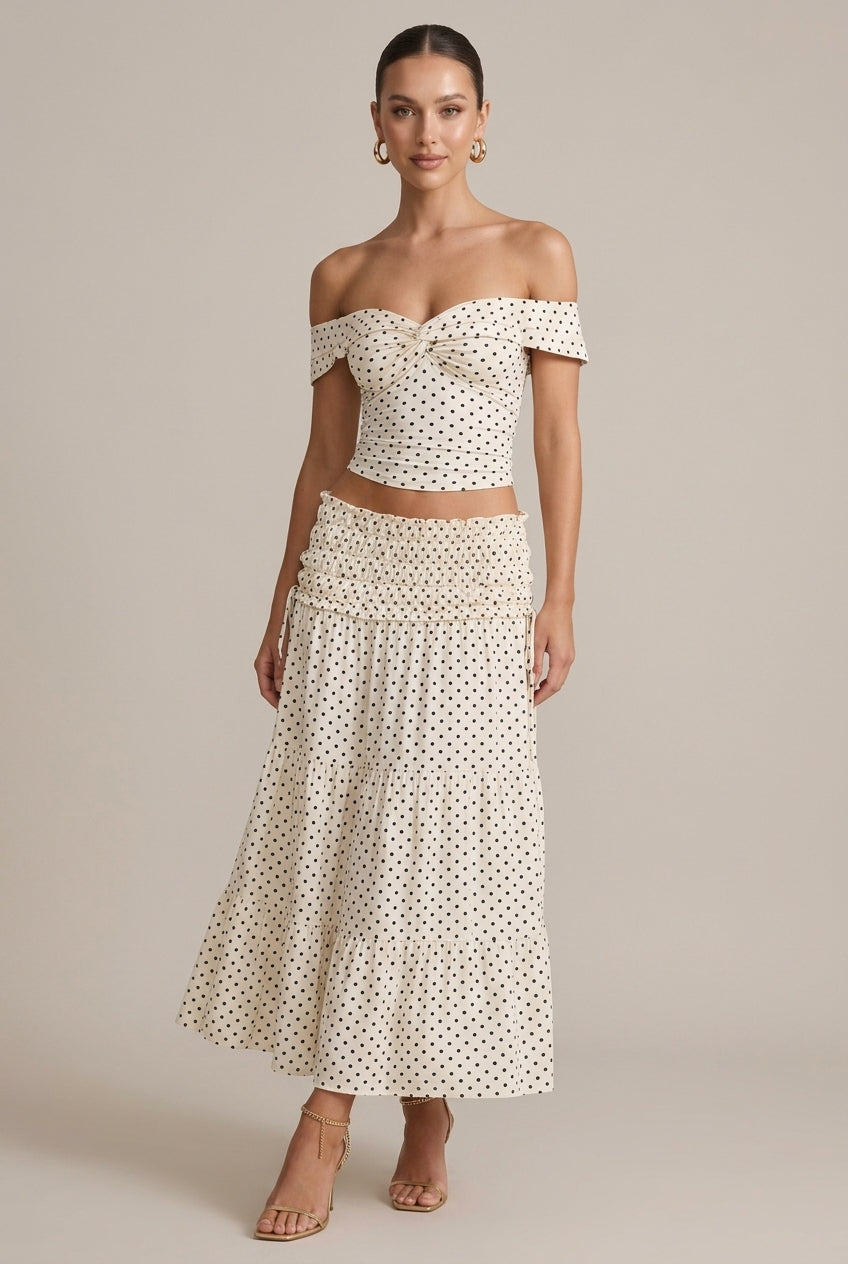 Women's Polka Two- Piece Set Dot Off the Shoulder Crop Top and Maxi Skirt