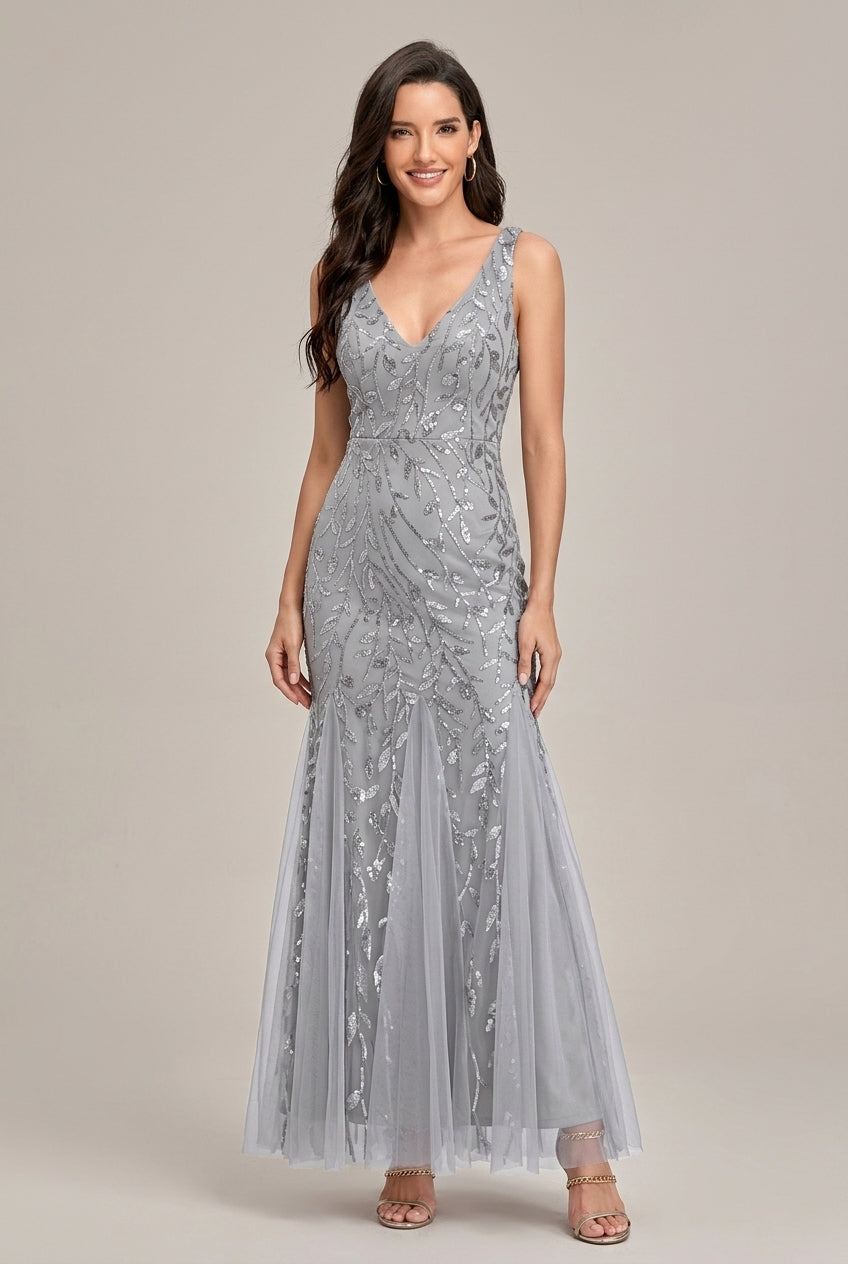 Women's Embroidered Mermaid Formal Maxi Dress - Long Sleeve Mesh