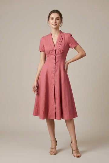 Women's Linen Midi Dress Button Front Short Sleeve