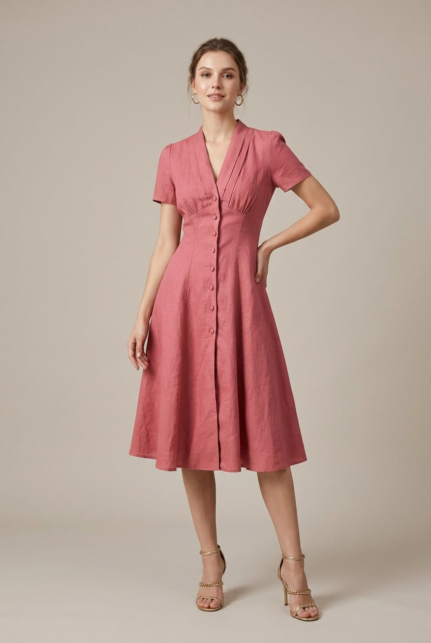 Women's Linen Midi Dress Button Front Short Sleeve