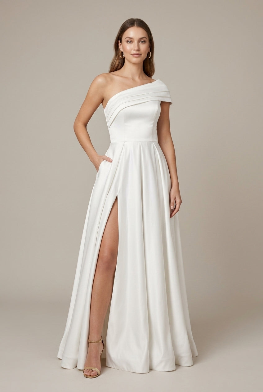 Women's Satin Maxi Dress - Assymetrical Ruched Neckline - Pleated A-Line Skirt - Thigh Slit