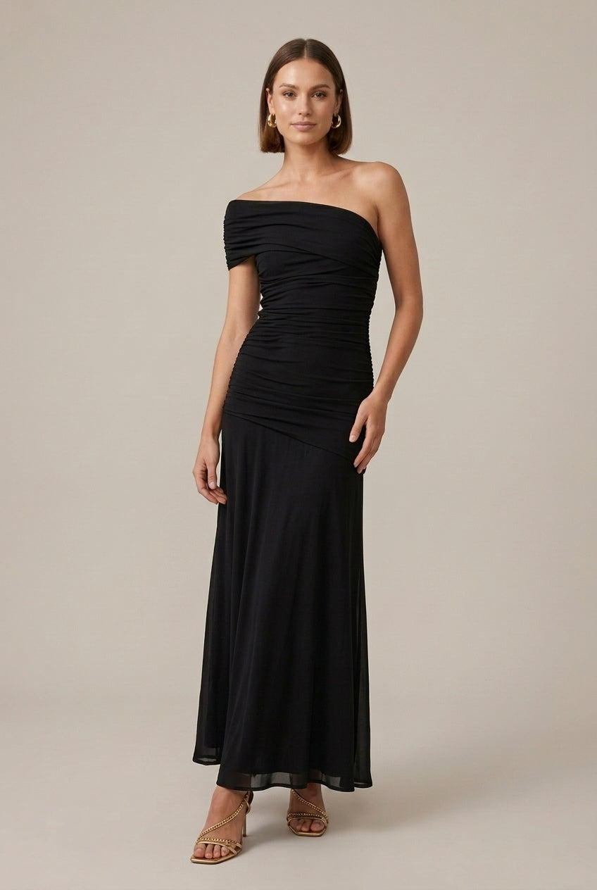 Women's One Shoulder Ruched Maxi Dress - Floor Length Evening