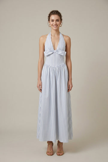 Women's Blue Striped Halter Neck Maxi Dress