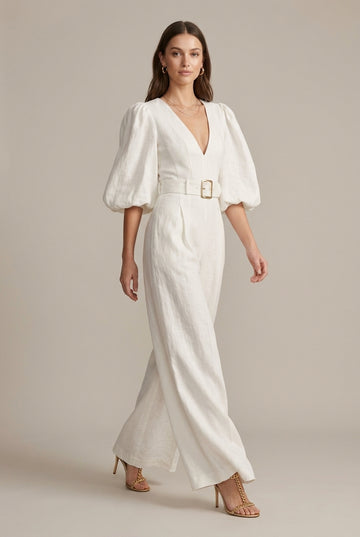 Women's V-Neck Puff Sleeve Wide Leg Belted Jumpsuit