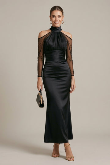 Vestido maxi formal para mujer - Cuello alto, hombros descubiertos, malla transparente, manga larga fruncida, silueta sirena