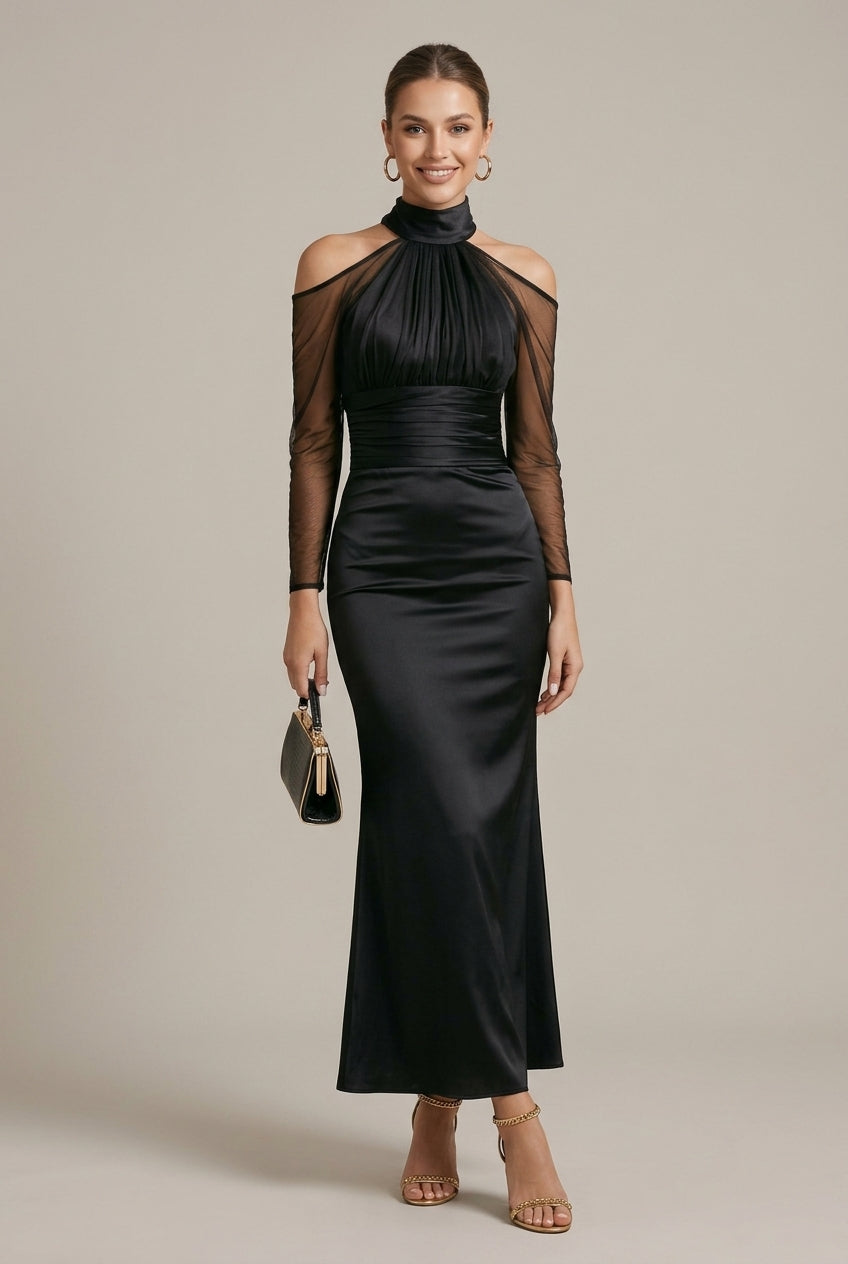 Vestido maxi formal para mujer - Cuello alto, hombros descubiertos, malla transparente, manga larga fruncida, silueta sirena