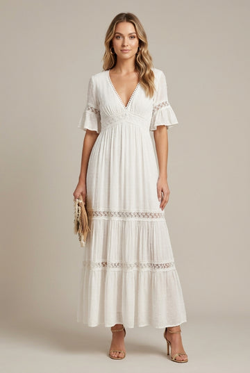 Women's White Boho V-Neck Maxi Dress - Lace Trim Flutter Sleeves
