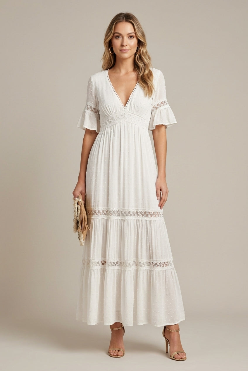 Women's White Boho V-Neck Maxi Dress - Lace Trim Flutter Sleeves