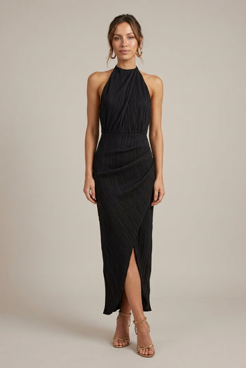 Women's Textured Halter Neck Ruched Midi Dress with Tie Closure