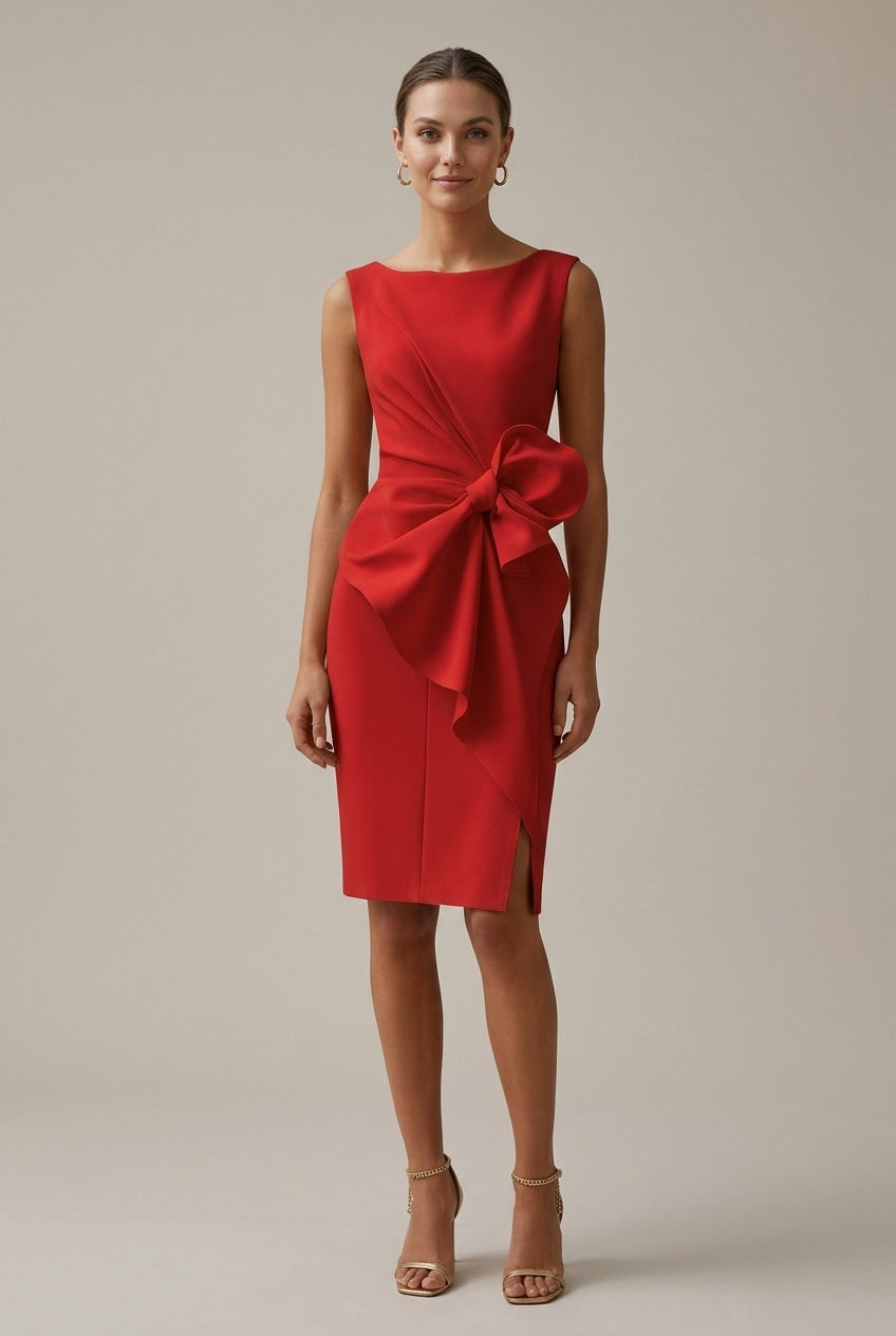 Women's Satin Bodycon Midi Dress - Bow Wrap Design