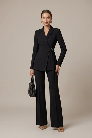 Women's Double-Breasted Blazer Wide Leg Pant Suit - Black Color