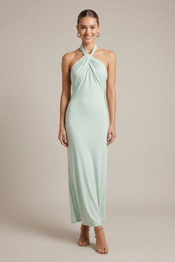 Women's Halter Neck Maxi Dress - Twisted Knot Neckline - Open Back - Formal