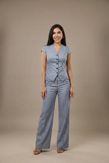 Women's Button-Front Short Sleeve Blazer Wide Leg Pant Set