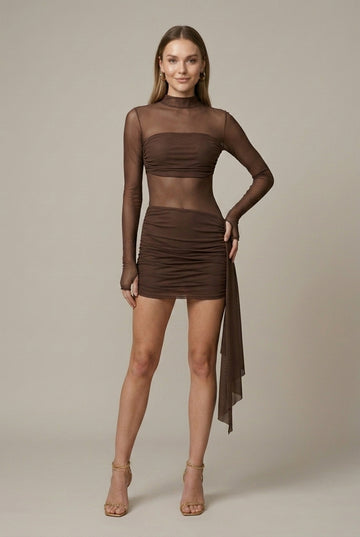 Women's Mesh Long Sleeve Mini Dress with Ruched Skirt and Asymmetric Hem