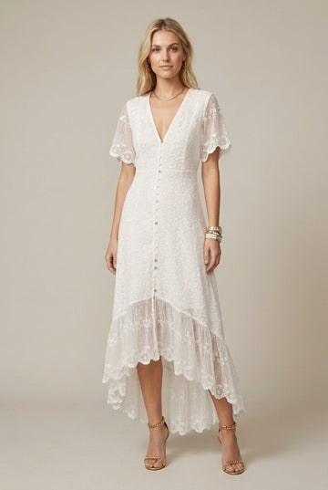 Women's V-Neck Short Sleeve Lace Maxi Dress - Button Front Ruffle Hem