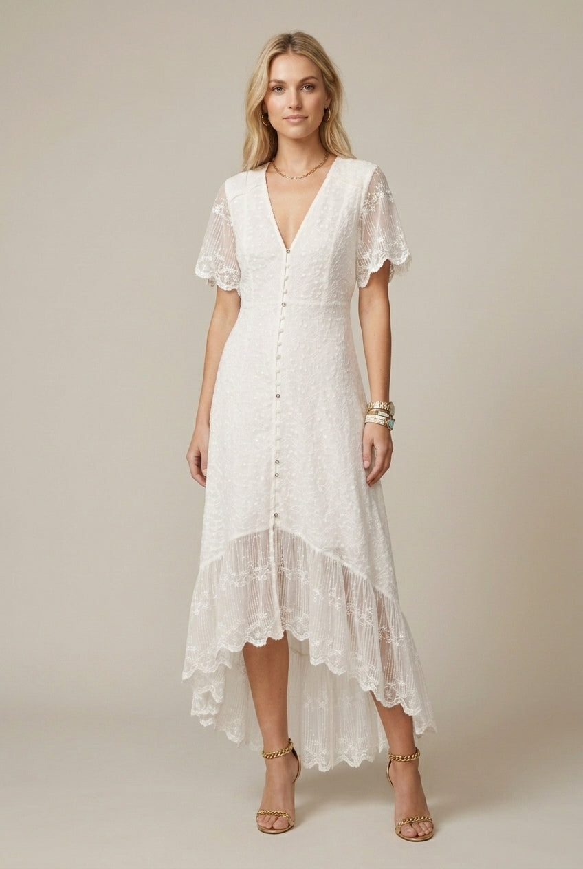 Women's V-Neck Short Sleeve Lace Maxi Dress - Button Front Ruffle Hem